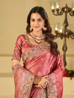 Rose Pink Banarasi Silk Saree with Floral Embroidered Border & Rich Zari Weaving | Designer Wedding Festive Saree