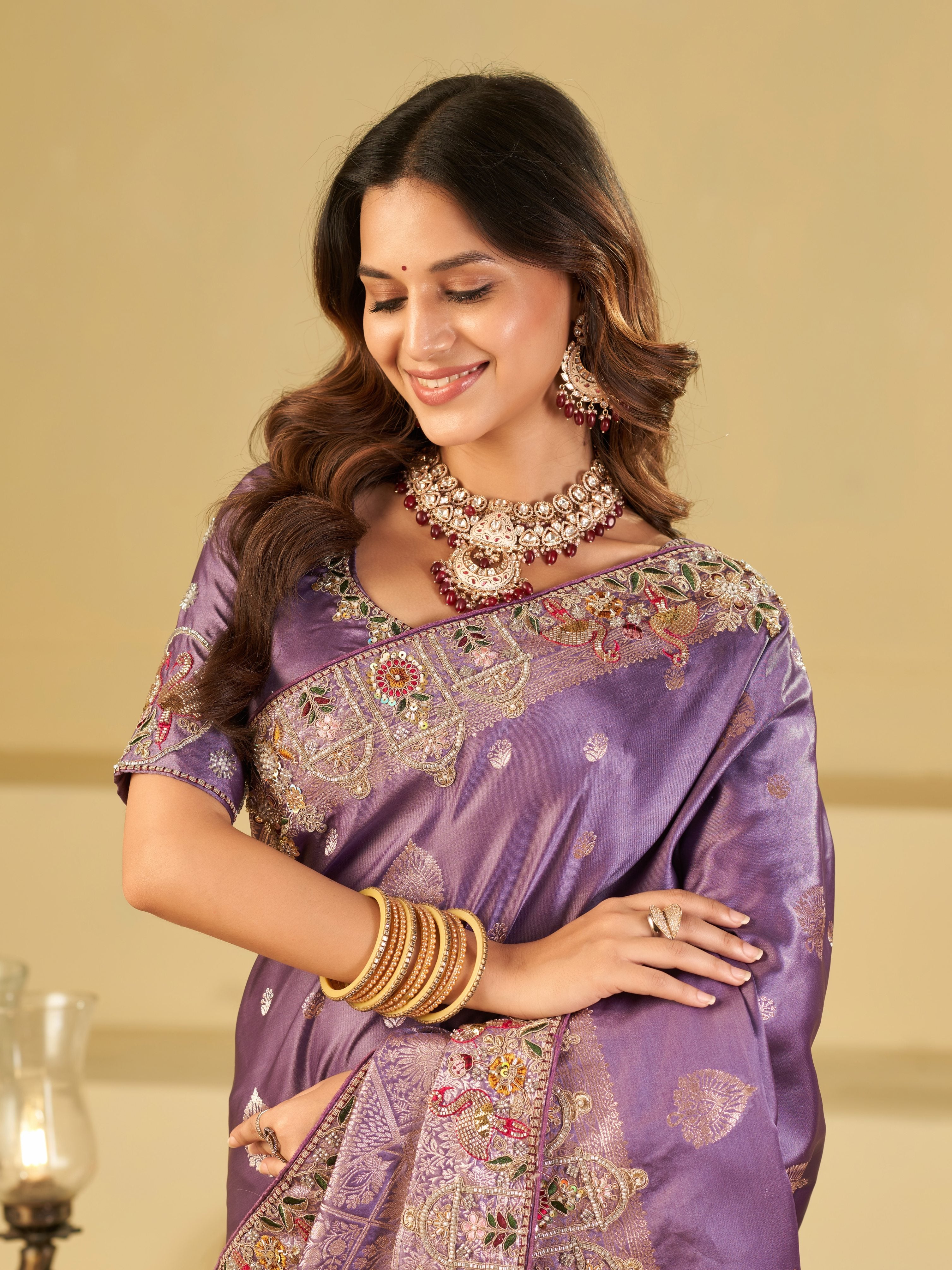 Lavender Banarasi Silk Saree with Floral Embroidered Border & Rich Zari Weaving | Designer Wedding Festive Saree