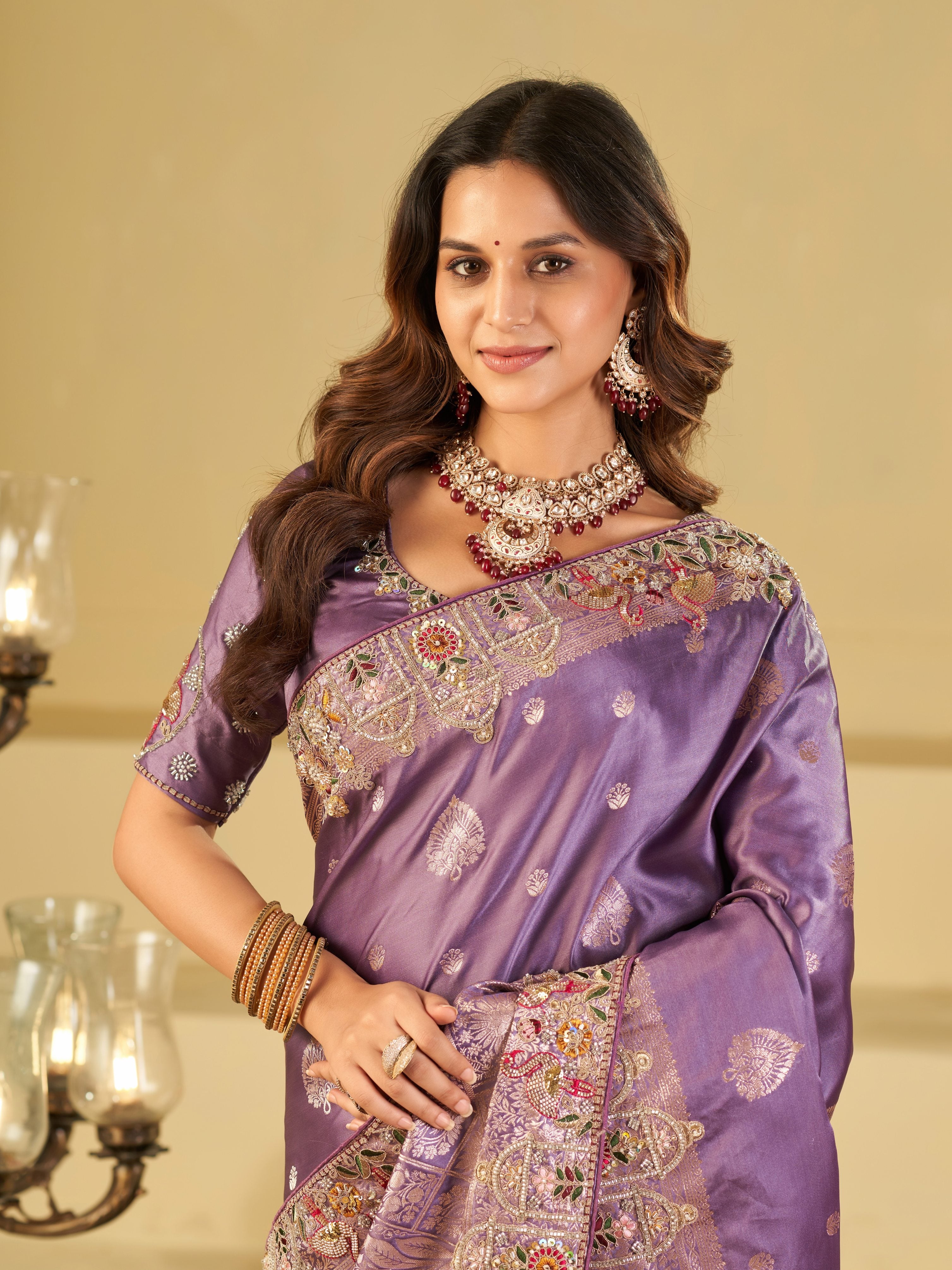 Lavender Banarasi Silk Saree with Floral Embroidered Border & Rich Zari Weaving | Designer Wedding Festive Saree