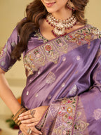 Lavender Banarasi Silk Saree with Floral Embroidered Border & Rich Zari Weaving | Designer Wedding Festive Saree