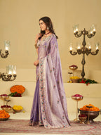Lavender Purple Designer Fendy Satin Saree with Floral Embroidered Border & Elegant Thread Work | Premium Festive Party Wear Saree