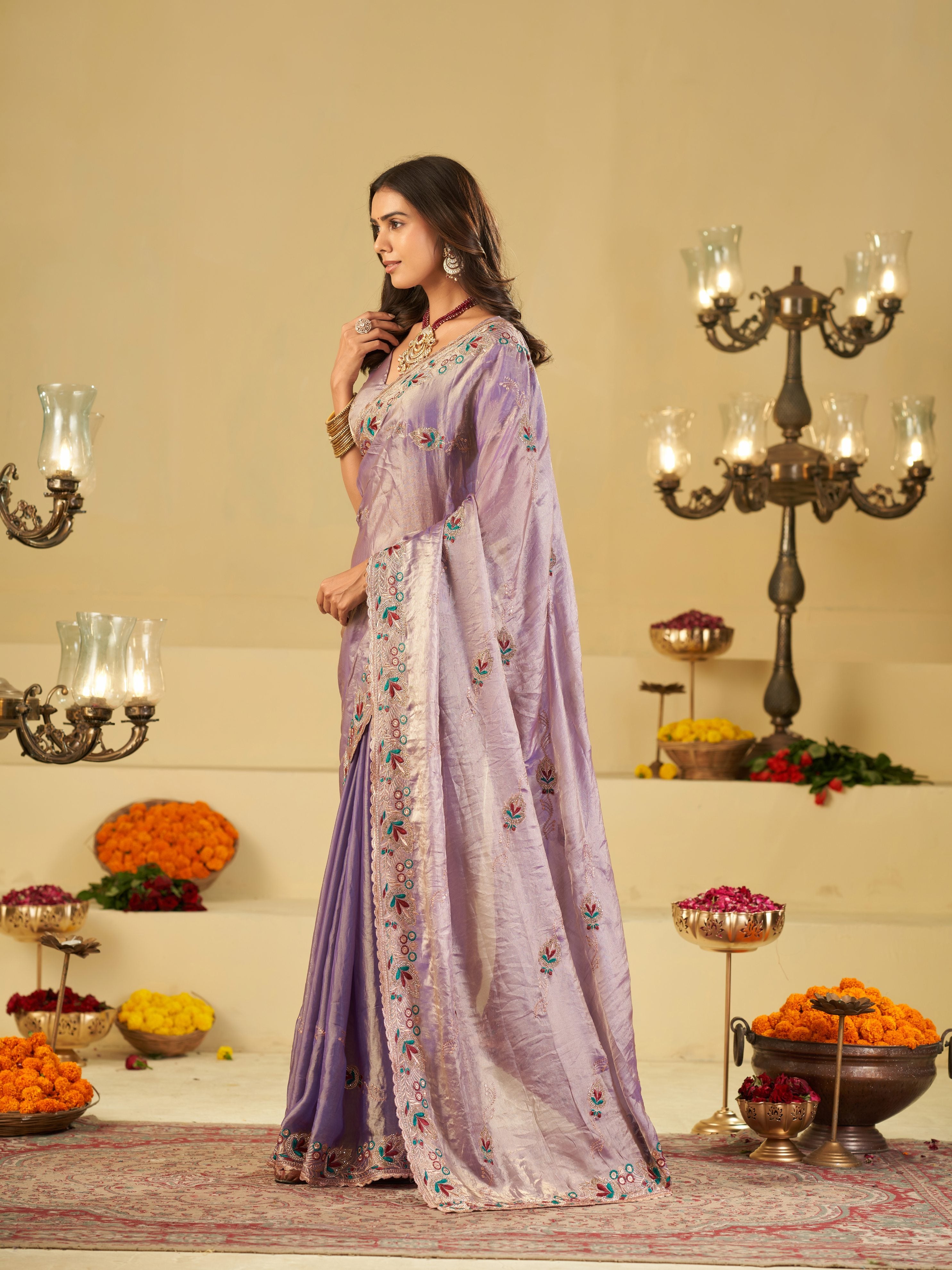 Lavender Purple Designer Fendy Satin Saree with Floral Embroidered Border & Elegant Thread Work | Premium Festive Party Wear Saree