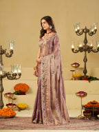 Lavender Designer Fendy Satin Saree with Multicolor Floral Embroidered Border & Elegant Thread Work | Premium Festive Party Wear Saree