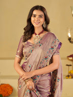 Lavender Designer Fendy Satin Saree with Multicolor Floral Embroidered Border & Elegant Thread Work | Premium Festive Party Wear Saree