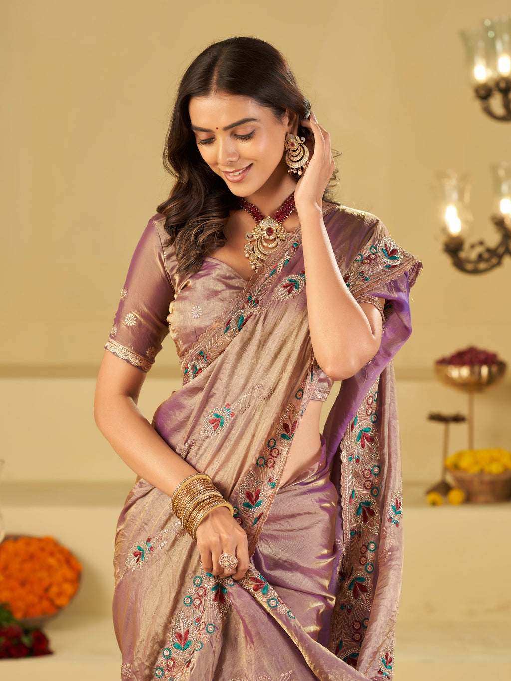 Lavender Designer Fendy Satin Saree with Multicolor Floral Embroidered Border & Elegant Thread Work | Premium Festive Party Wear Saree