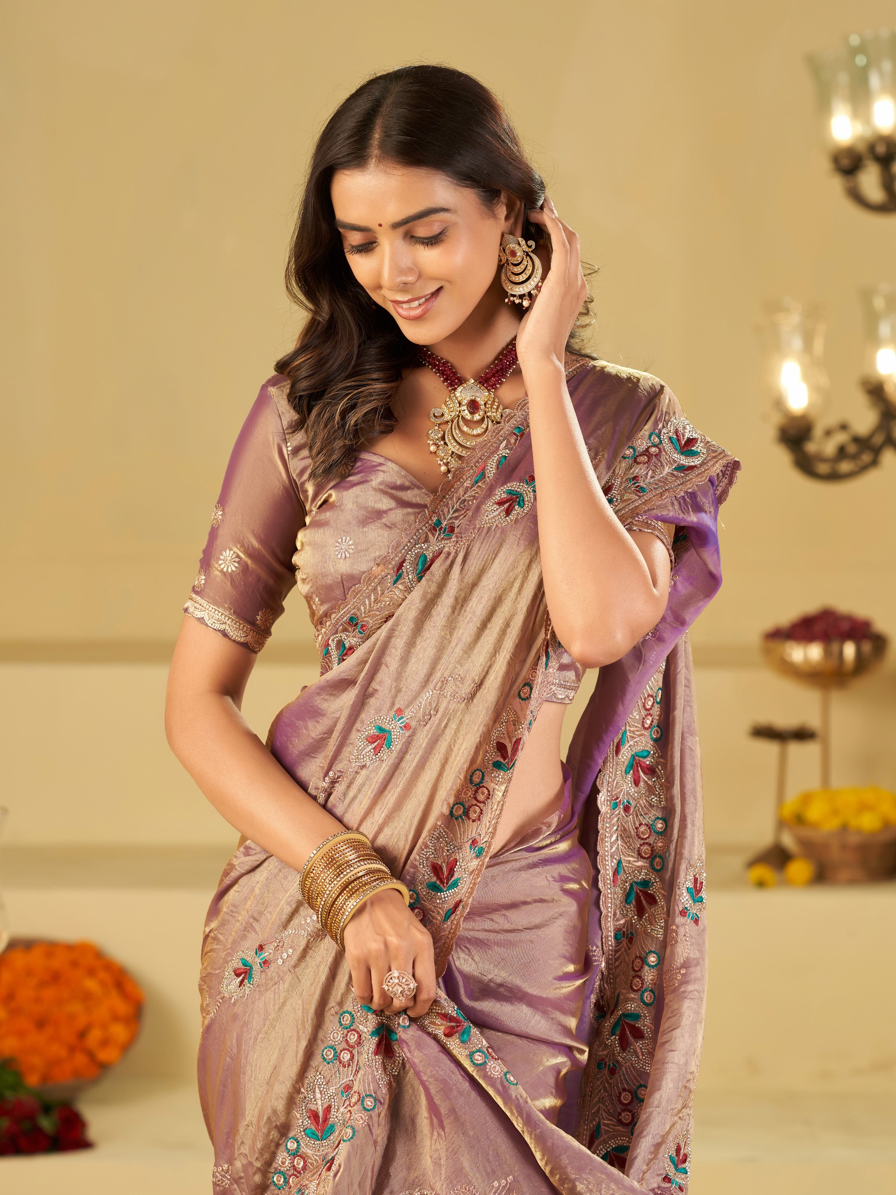 Lavender Designer Fendy Satin Saree with Multicolor Floral Embroidered Border & Elegant Thread Work | Premium Festive Party Wear Saree