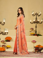 Peach Designer Fendy Satin Saree with Floral Embroidered Border & Elegant Thread Work | Premium Festive Party Wear Saree