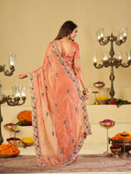Peach Designer Fendy Satin Saree with Floral Embroidered Border & Elegant Thread Work | Premium Festive Party Wear Saree