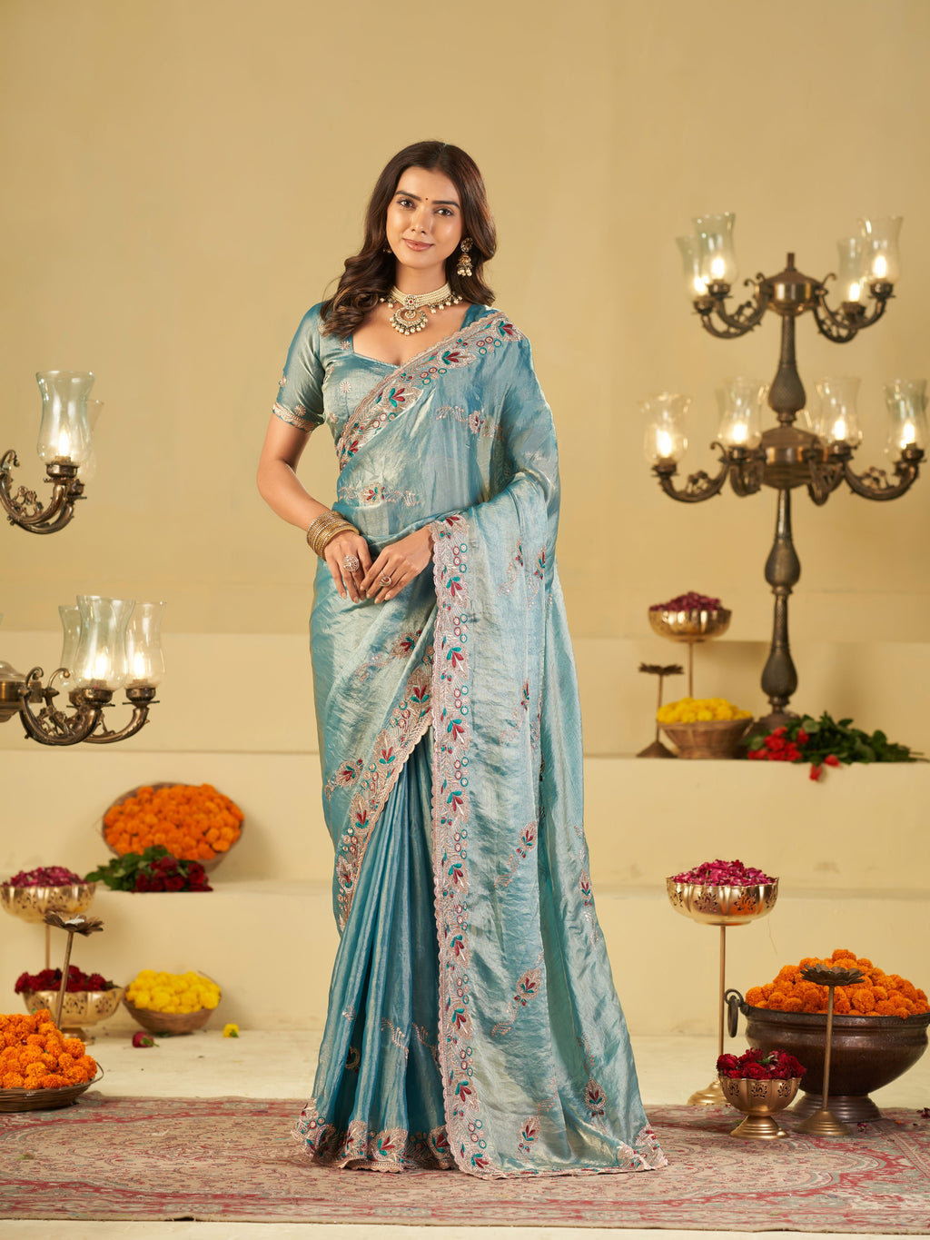 Sky Blue Designer Fendy Satin Saree with Floral Embroidered Border & Intricate Thread Work | Elegant Festive Party Wear Saree
