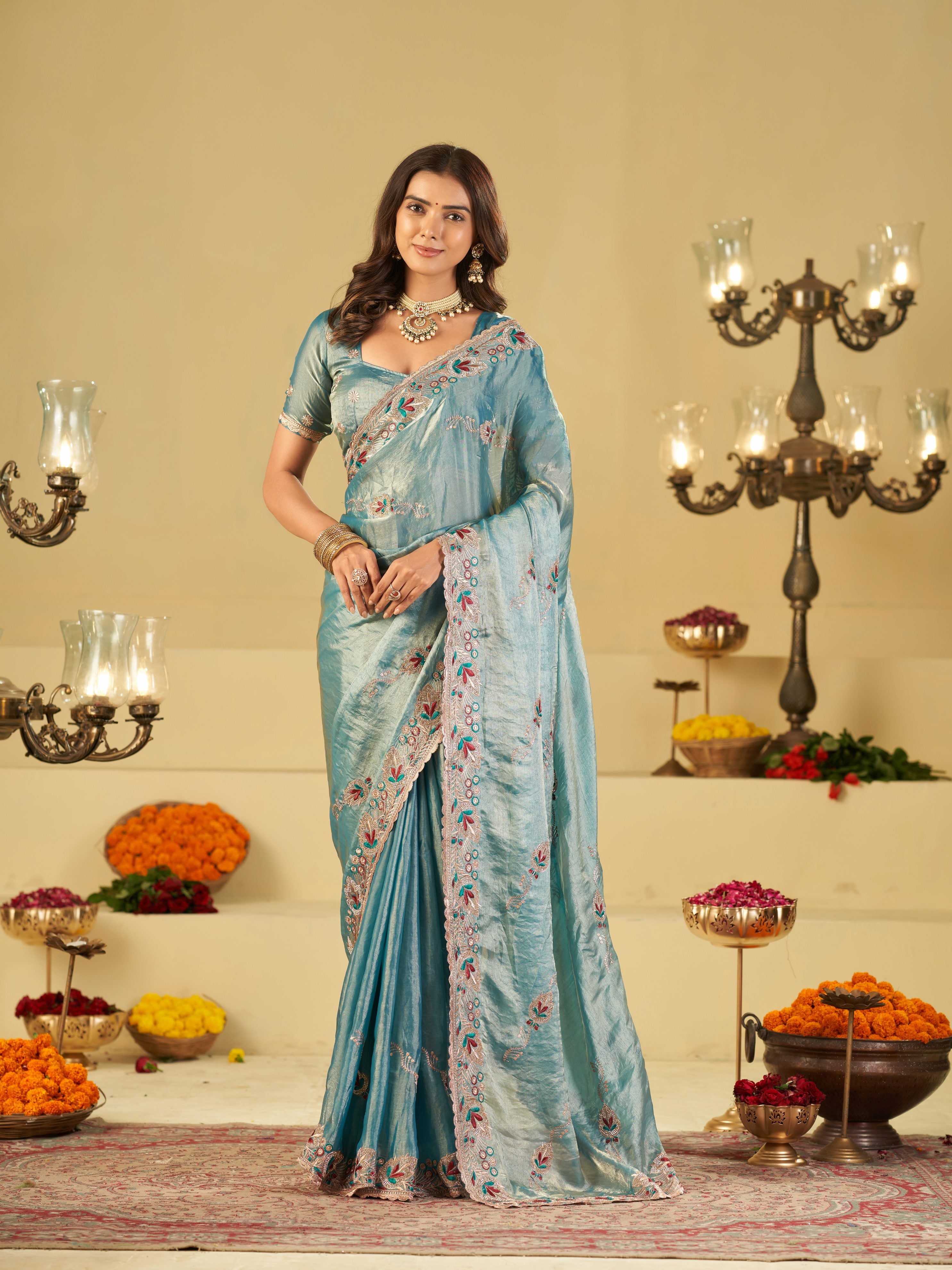 Sky Blue Designer Fendy Satin Saree with Floral Embroidered Border & Intricate Thread Work | Elegant Festive Party Wear Saree
