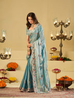 Sky Blue Designer Fendy Satin Saree with Floral Embroidered Border & Intricate Thread Work | Elegant Festive Party Wear Saree