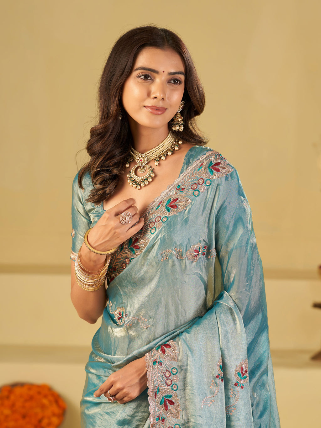 Sky Blue Designer Fendy Satin Saree with Floral Embroidered Border & Intricate Thread Work | Elegant Festive Party Wear Saree
