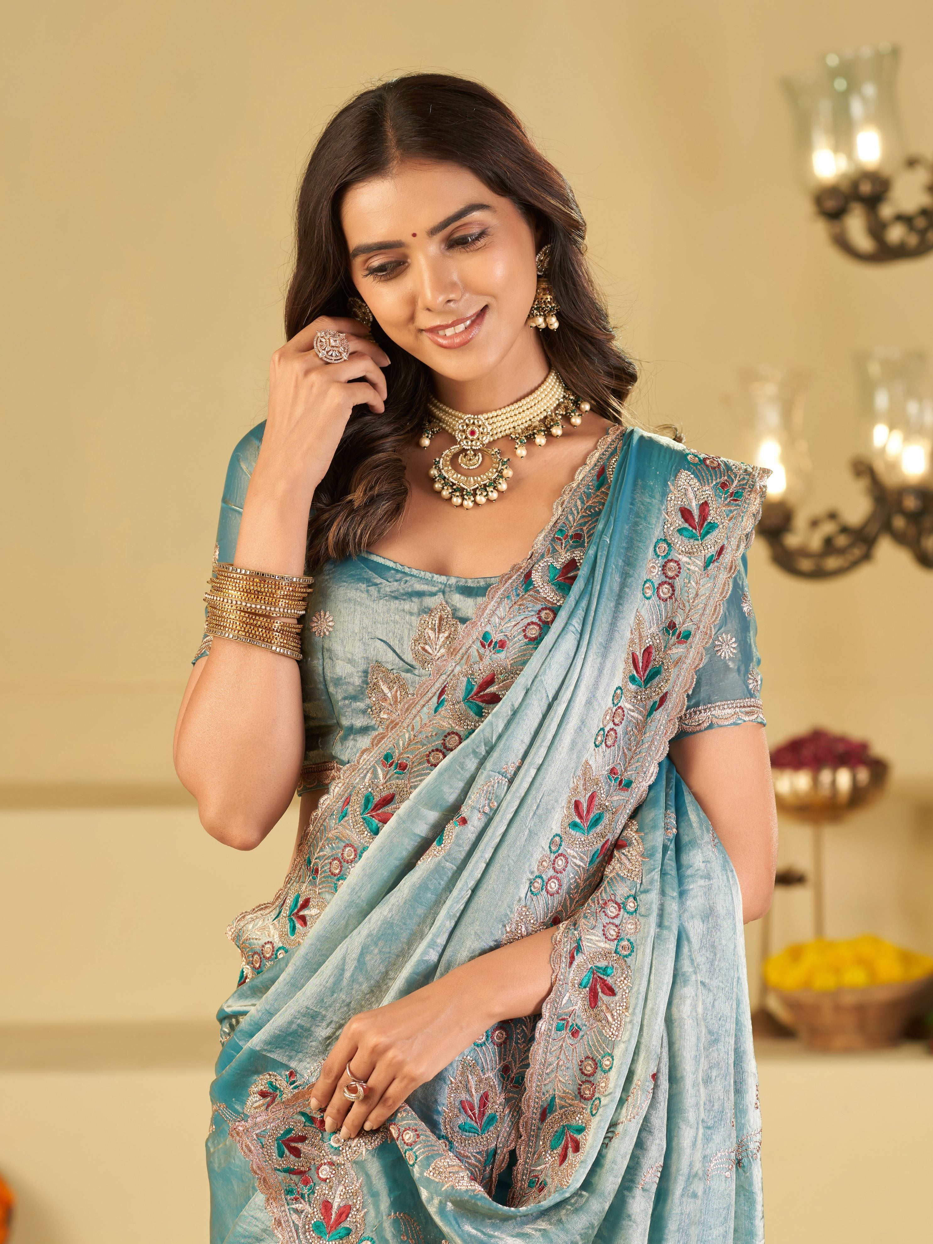 Sky Blue Designer Fendy Satin Saree with Floral Embroidered Border & Intricate Thread Work | Elegant Festive Party Wear Saree