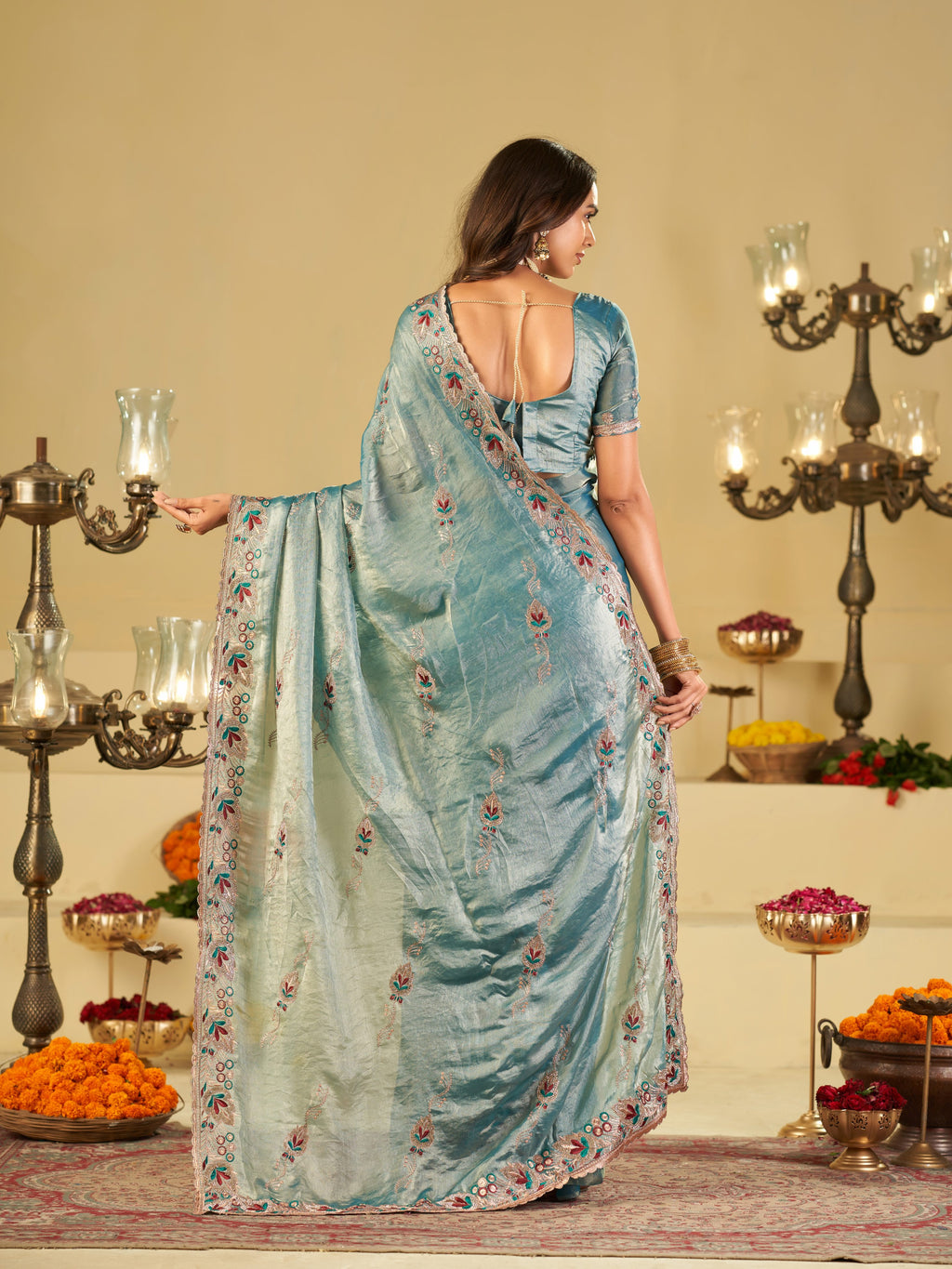 Sky Blue Designer Fendy Satin Saree with Floral Embroidered Border & Intricate Thread Work | Elegant Festive Party Wear Saree