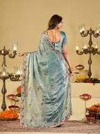 Sky Blue Designer Fendy Satin Saree with Floral Embroidered Border & Intricate Thread Work | Elegant Festive Party Wear Saree