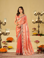 Coral Peach Designer Fendy Satin Saree with Floral Embroidered Border & Elegant Thread Work | Premium Festive Party Wear Saree