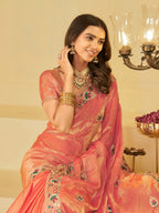 Coral Peach Designer Fendy Satin Saree with Floral Embroidered Border & Elegant Thread Work | Premium Festive Party Wear Saree