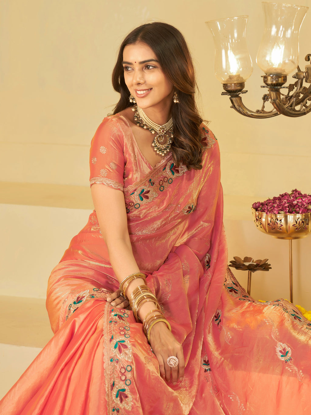Coral Peach Designer Fendy Satin Saree with Floral Embroidered Border & Elegant Thread Work | Premium Festive Party Wear Saree