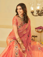 Coral Peach Designer Fendy Satin Saree with Floral Embroidered Border & Elegant Thread Work | Premium Festive Party Wear Saree