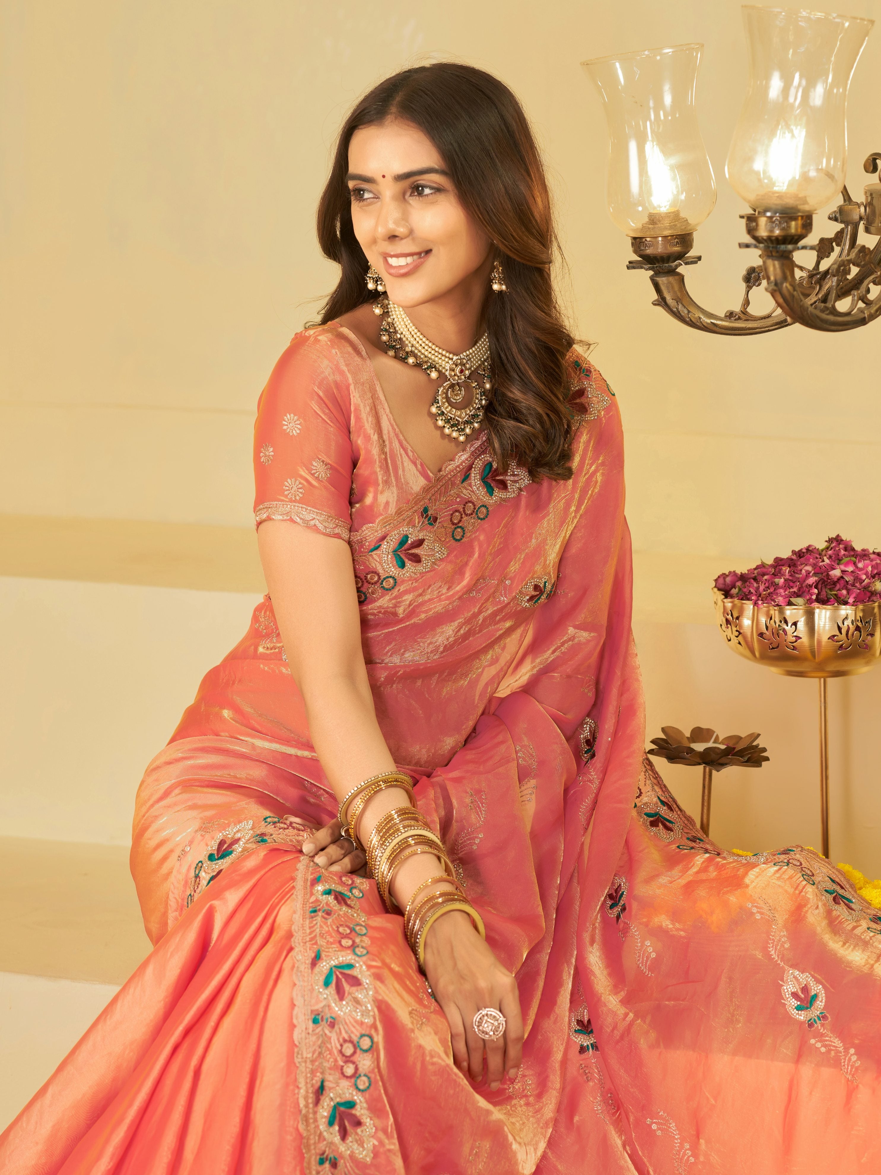 Coral Peach Designer Fendy Satin Saree with Floral Embroidered Border & Elegant Thread Work | Premium Festive Party Wear Saree