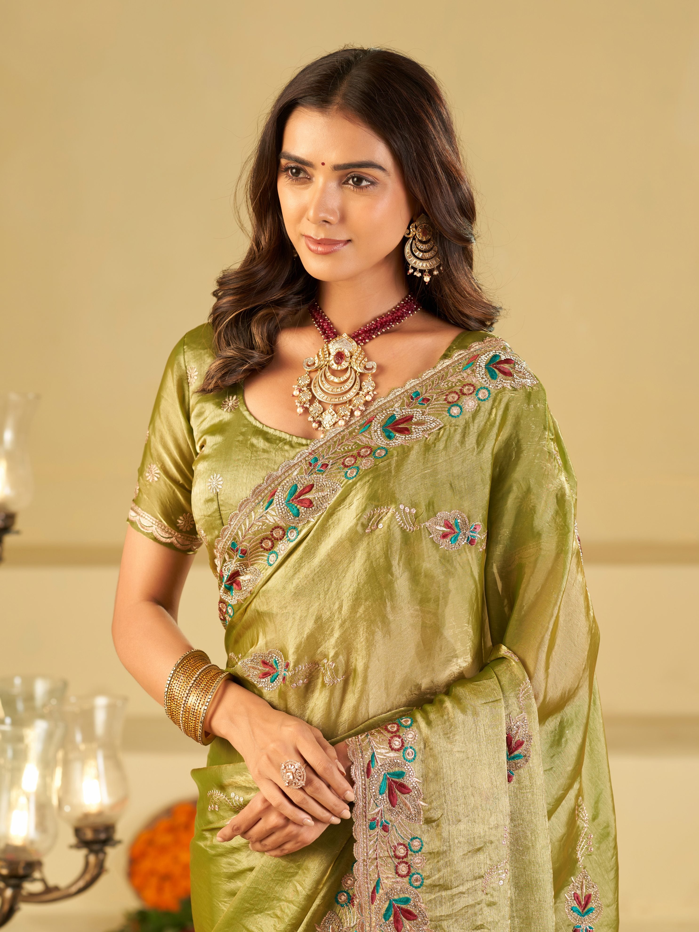 Olive Green Designer Fendy Satin Saree with Floral Embroidered Border & Multicolor Thread Work | Premium Festive Party Wear Saree