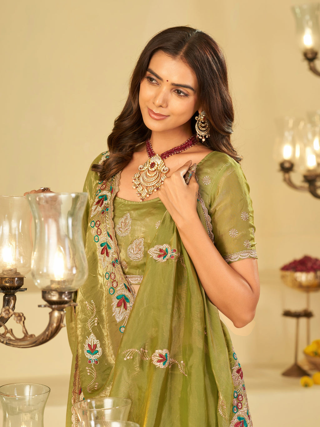 Olive Green Designer Fendy Satin Saree with Floral Embroidered Border & Multicolor Thread Work | Premium Festive Party Wear Saree
