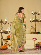 Olive Green Designer Fendy Satin Saree with Floral Embroidered Border & Multicolor Thread Work | Premium Festive Party Wear Saree