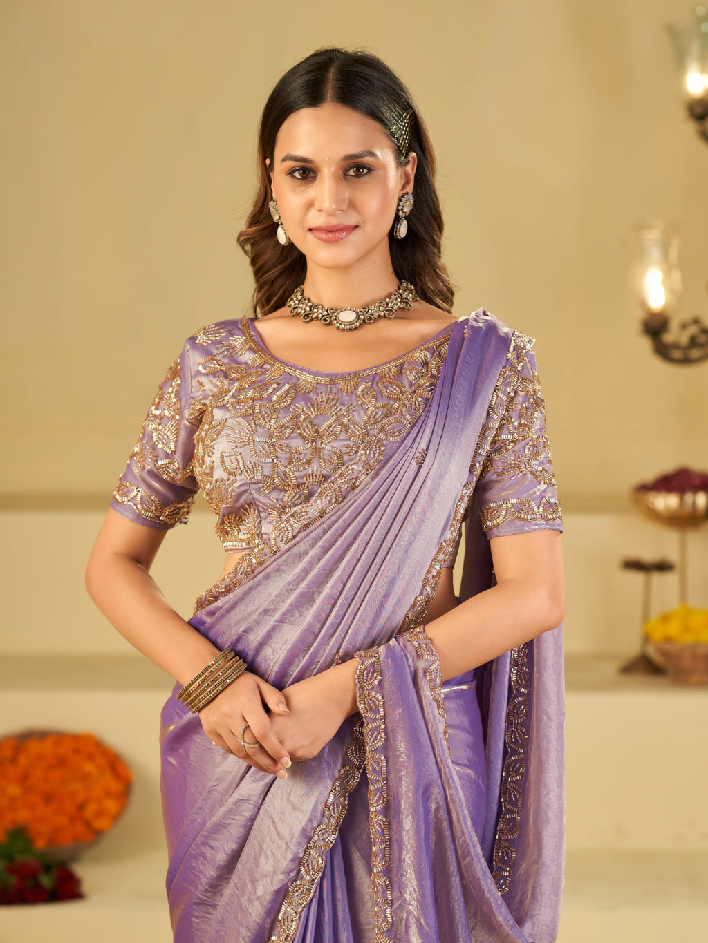Lavender Designer Fendy Satin Saree with Heavy Embroidered Blouse & Sequin Border | Premium Wedding & Festive Wear Saree