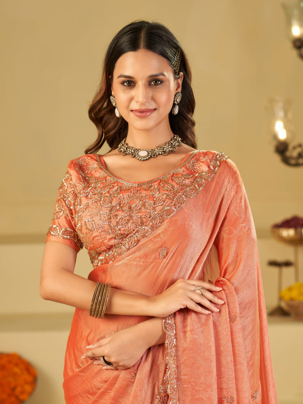 Peach Designer Fendy Satin Saree with Heavy Embroidered Blouse & Sequin Border | Elegant Wedding & Festive Saree