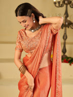 Peach Designer Fendy Satin Saree with Heavy Embroidered Blouse & Sequin Border | Elegant Wedding & Festive Saree