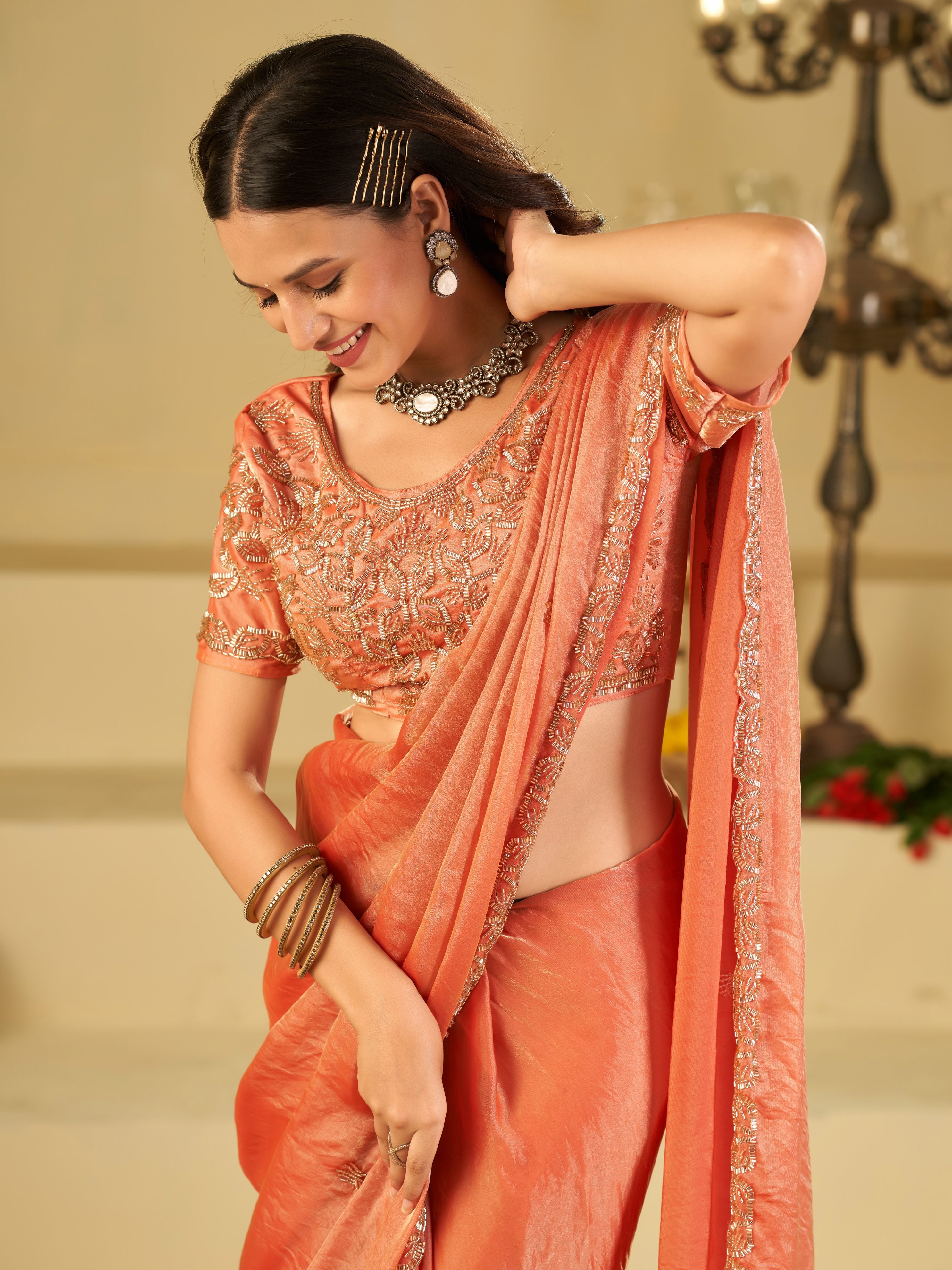 Peach Designer Fendy Satin Saree with Heavy Embroidered Blouse & Sequin Border | Elegant Wedding & Festive Saree
