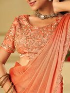 Peach Designer Fendy Satin Saree with Heavy Embroidered Blouse & Sequin Border | Elegant Wedding & Festive Saree