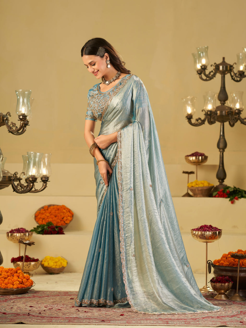 Sky Blue Designer Fendy Satin Saree with Heavy Embroidered Blouse & Sequin Border | Elegant Festive & Wedding Saree