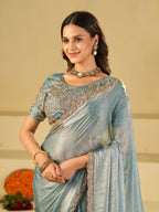 Sky Blue Designer Fendy Satin Saree with Heavy Embroidered Blouse & Sequin Border | Elegant Festive & Wedding Saree