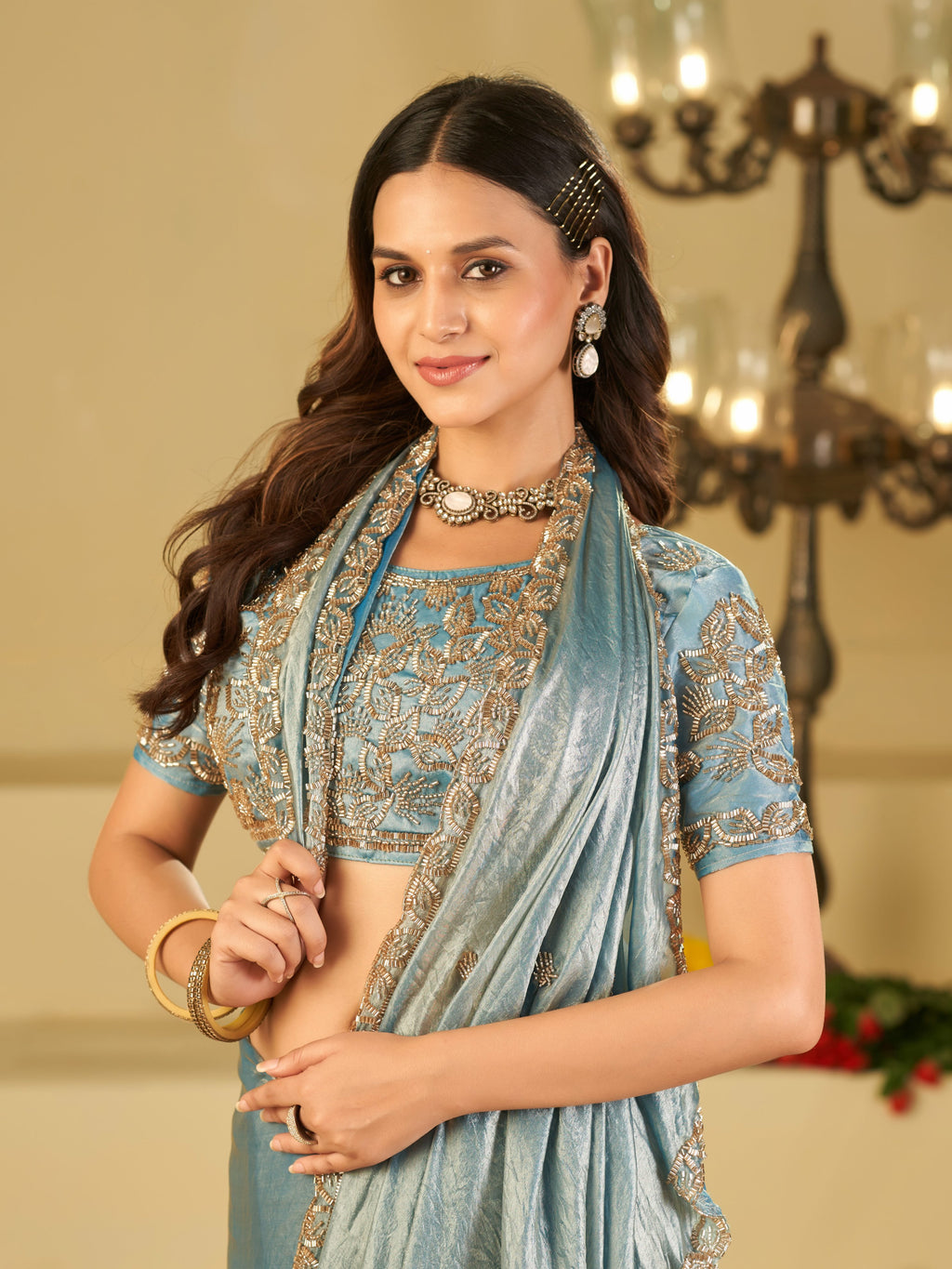 Sky Blue Designer Fendy Satin Saree with Heavy Embroidered Blouse & Sequin Border | Elegant Festive & Wedding Saree