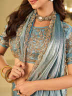 Sky Blue Designer Fendy Satin Saree with Heavy Embroidered Blouse & Sequin Border | Elegant Festive & Wedding Saree