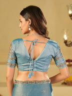 Sky Blue Designer Fendy Satin Saree with Heavy Embroidered Blouse & Sequin Border | Elegant Festive & Wedding Saree