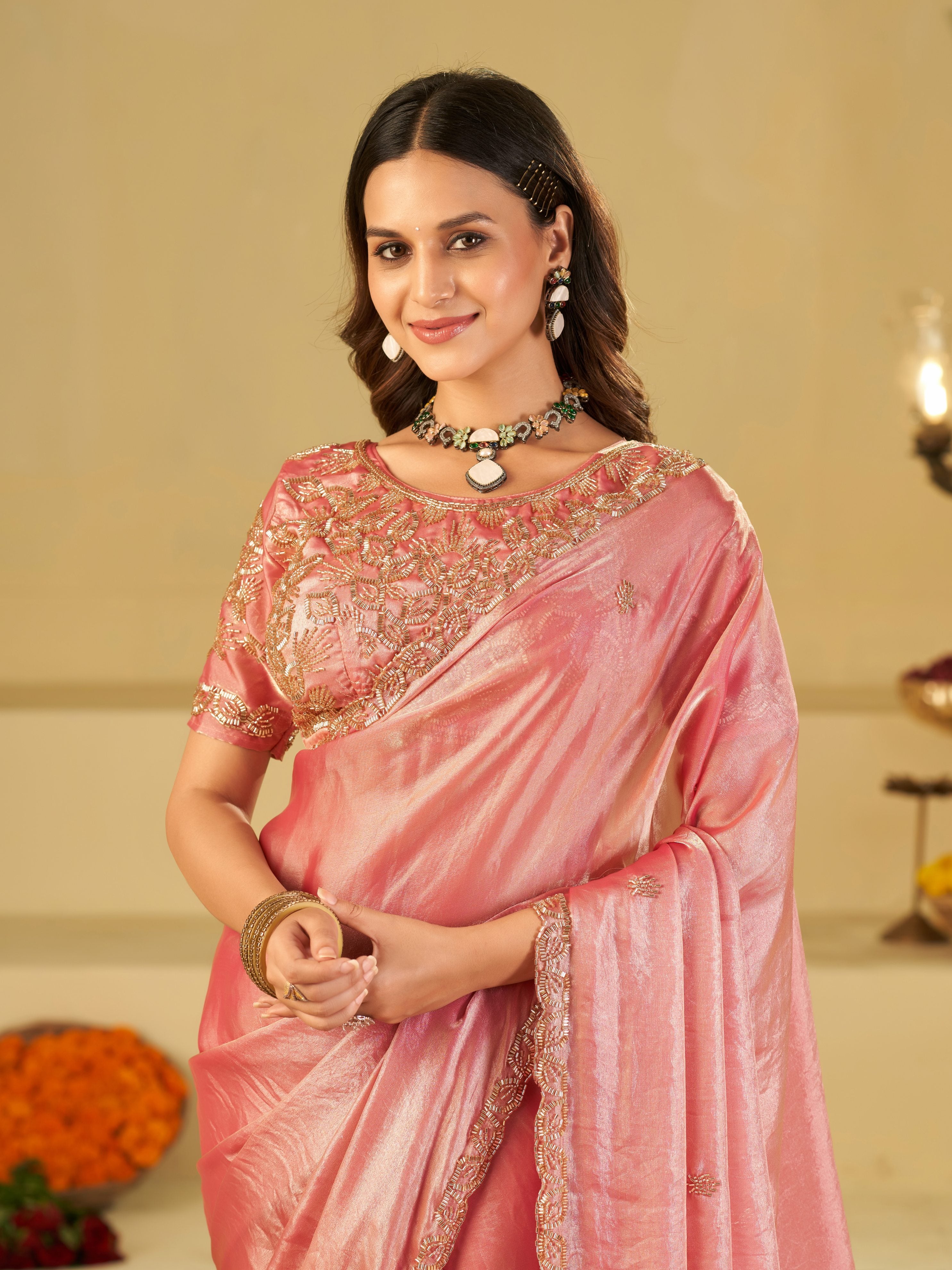 Baby Pink Designer Fendy Satin Saree with Heavy Embroidered Blouse & Sequin Border | Premium Wedding & Festive Saree