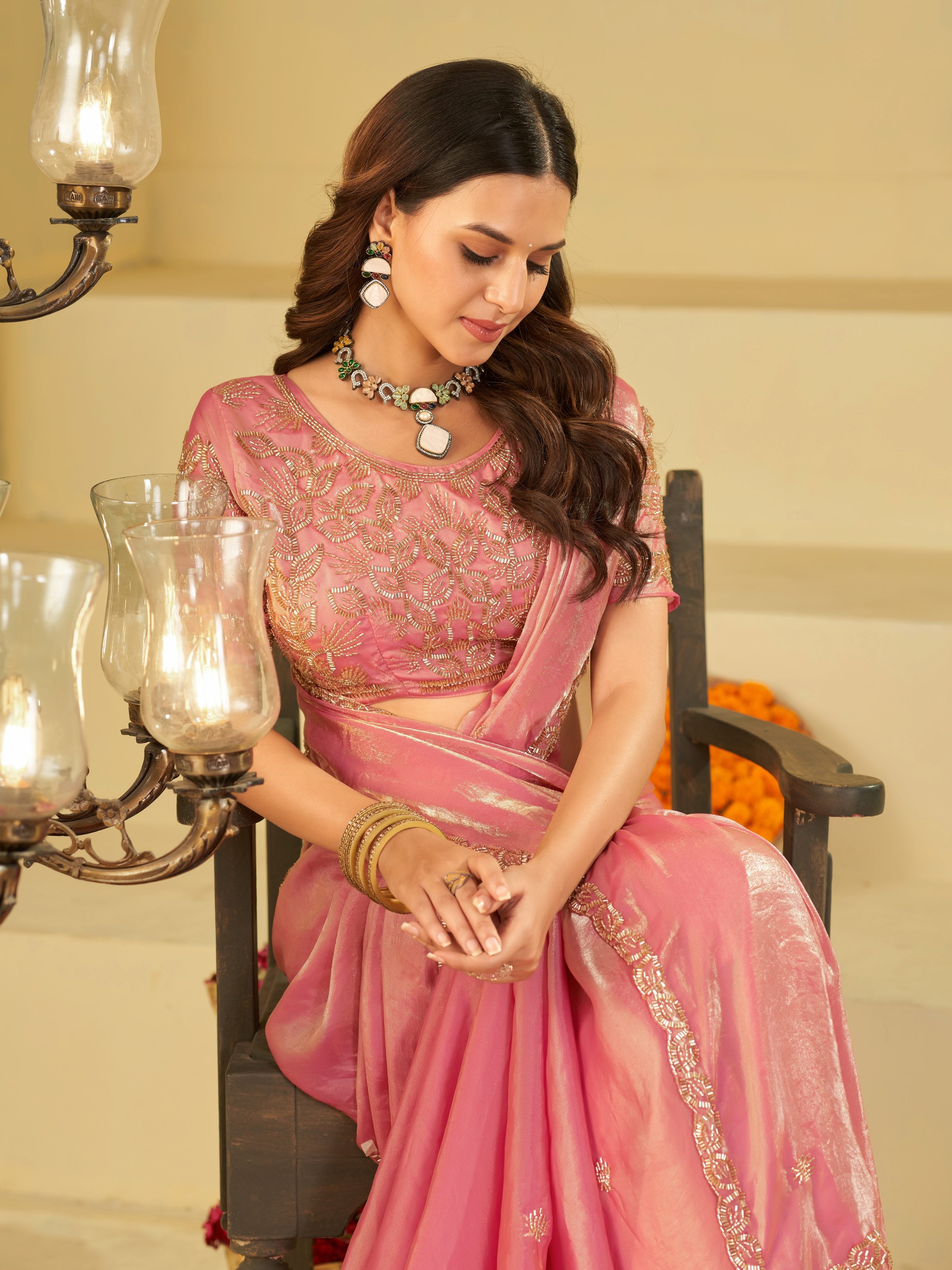 Baby Pink Designer Fendy Satin Saree with Heavy Embroidered Blouse & Sequin Border | Premium Wedding & Festive Saree