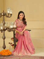 Baby Pink Designer Fendy Satin Saree with Heavy Embroidered Blouse & Sequin Border | Premium Wedding & Festive Saree