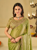 Pista Green Designer Fendy Satin Saree with Heavy Embroidered Blouse & Sequin Border | Premium Festive Wedding Saree