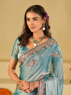 Sky Blue Designer Fendy Satin Saree with Floral Embroidered Border & Elegant Thread Work | Premium Festive Party Wear Saree