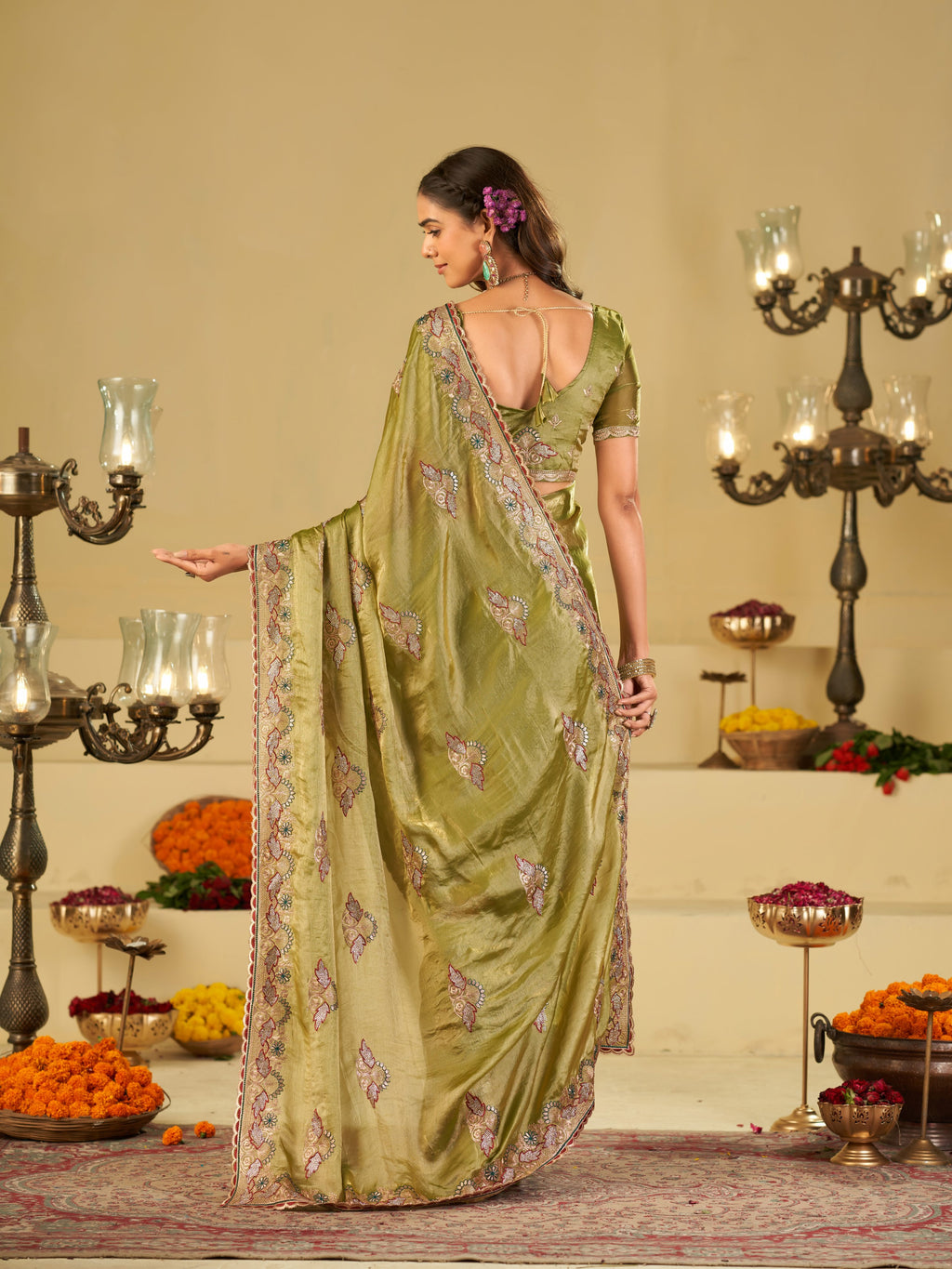 Olive Green Designer Fendy Satin Saree with Floral Embroidered Border & Elegant Thread Work | Premium Festive Party Wear Saree