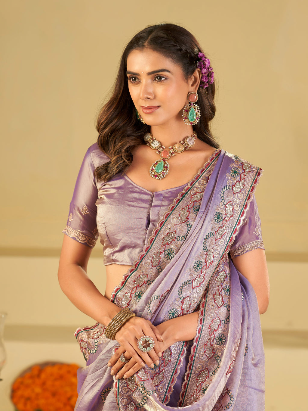 Lavender Premium Fendy Satin Saree with Floral Embroidered Border & Elegant Designer Thread Work | Festive Party Wear Saree
