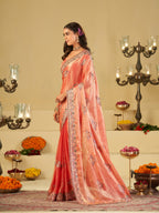 Coral Peach Designer Fendy Satin Saree with Floral Embroidered Border & Elegant Thread Work | Premium Festive Party Wear Saree