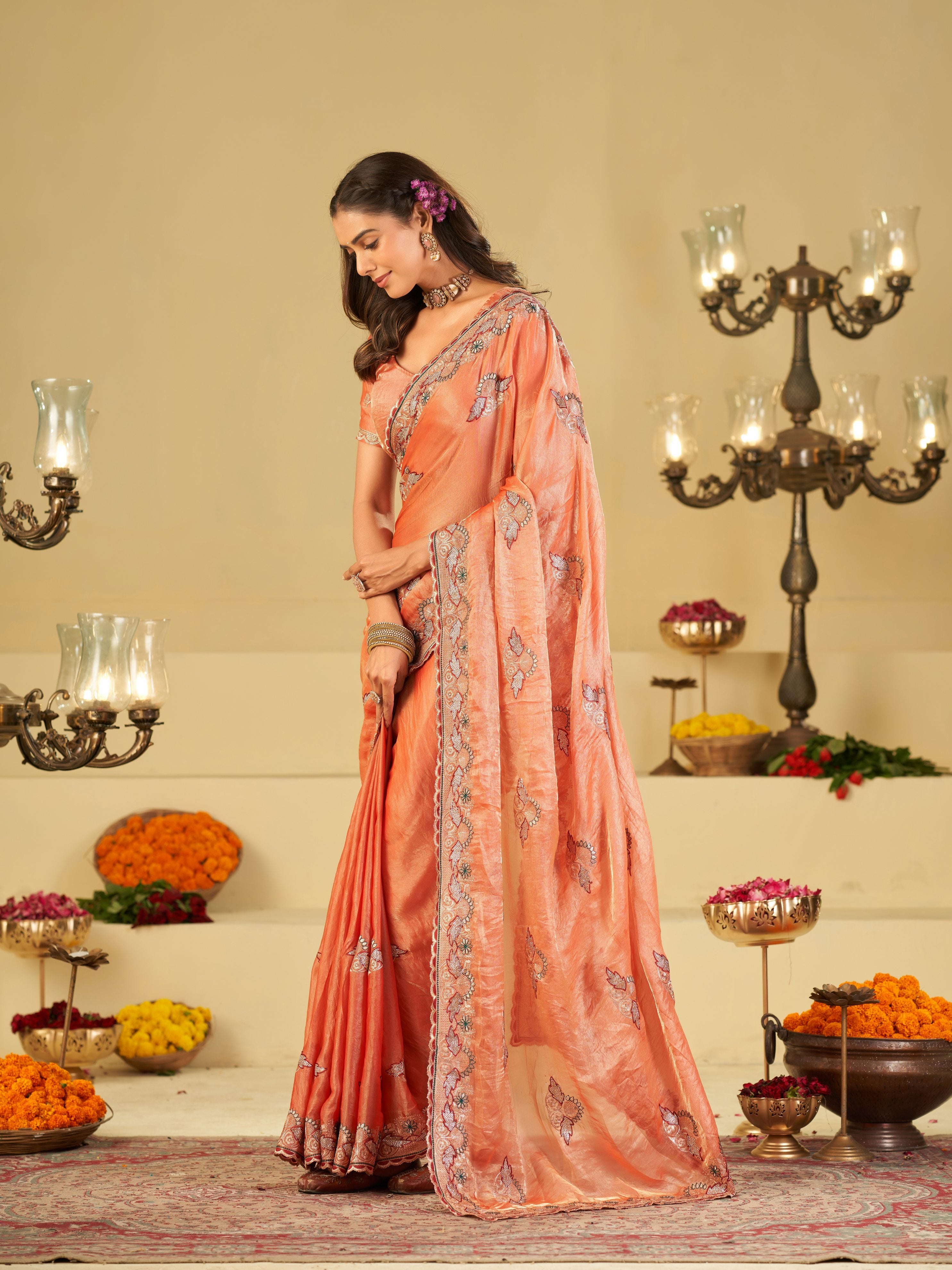 Peach Designer Fendy Satin Saree with Floral Embroidered Border & Elegant Thread Work | Premium Festive Party Wear Saree