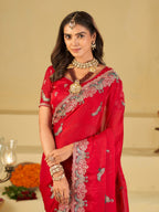 Rani Pink Designer Fendy Satin Saree with Peacock Embroidery & Heavy Embroidered Border | Premium Festive Wedding Wear Saree