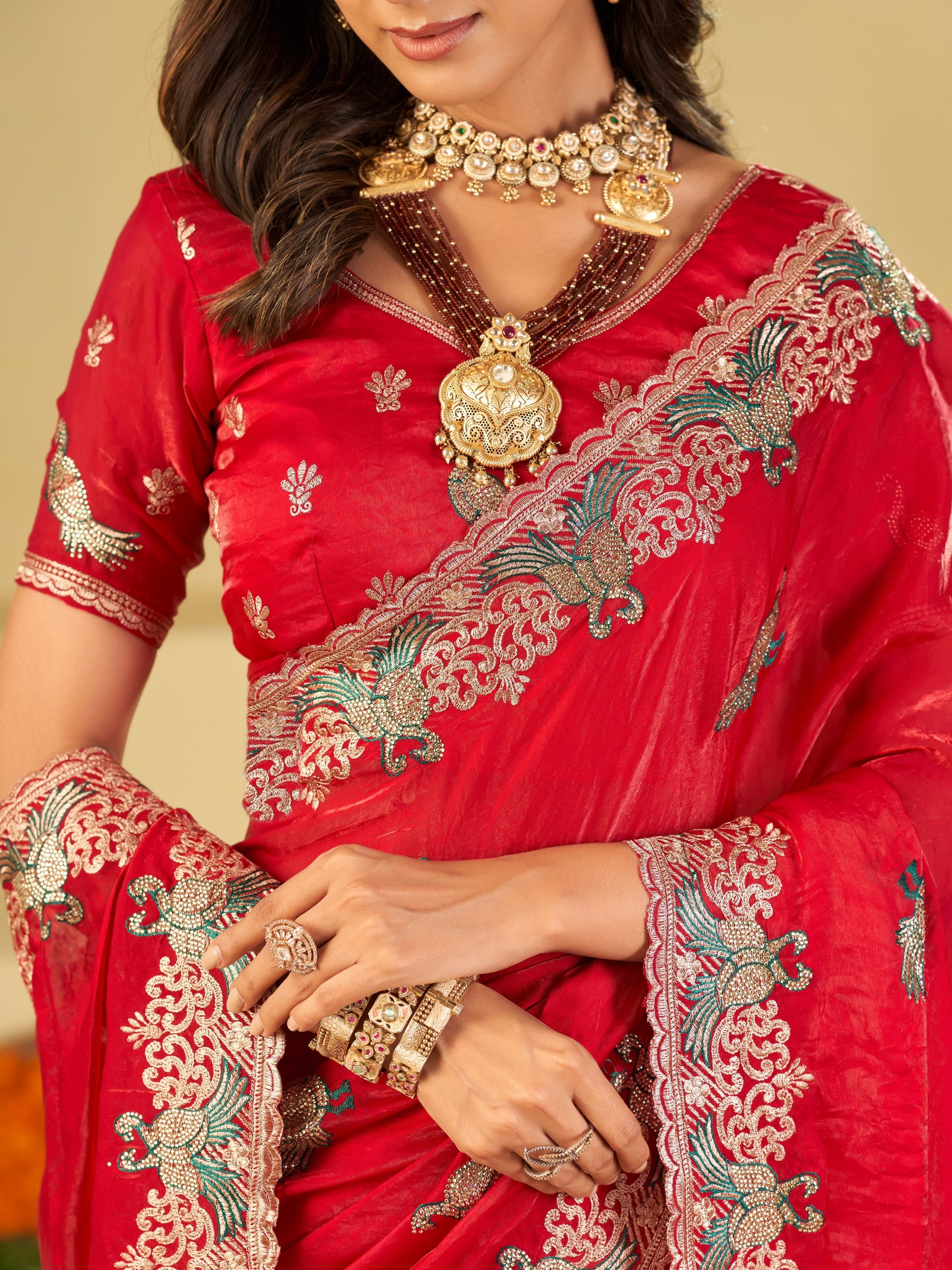 Rani Pink Designer Fendy Satin Saree with Peacock Embroidery & Heavy Embroidered Border | Premium Festive Wedding Wear Saree