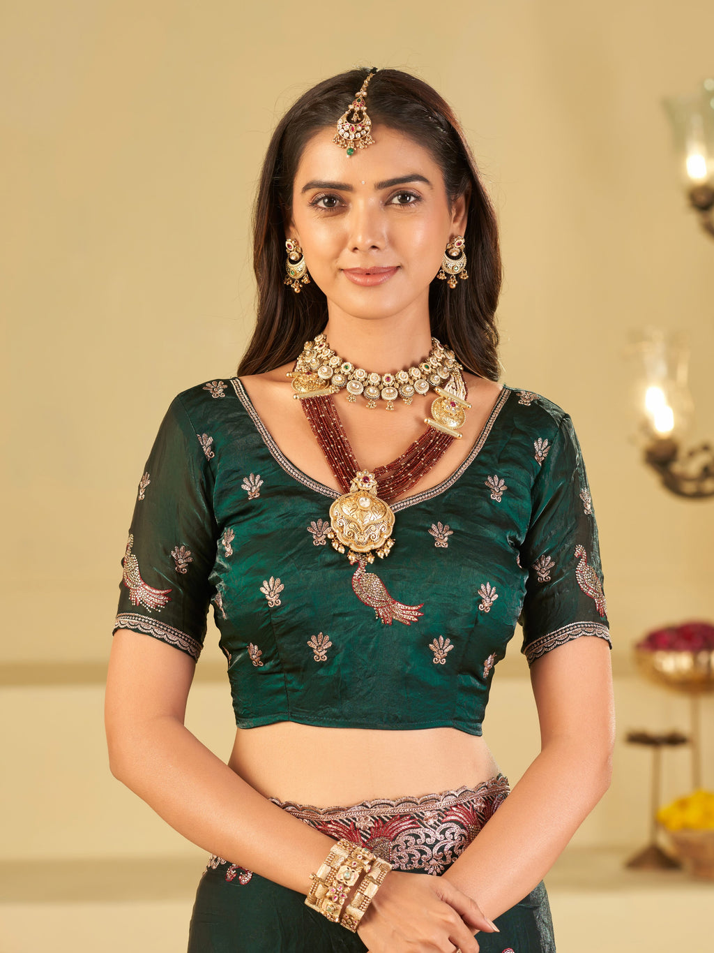 Emerald Green Designer Fendy Satin Saree with Peacock Embroidery & Heavy Embroidered Border | Premium Festive Party Wear Saree