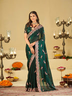 Emerald Green Designer Fendy Satin Saree with Peacock Embroidery & Heavy Embroidered Border | Premium Festive Party Wear Saree
